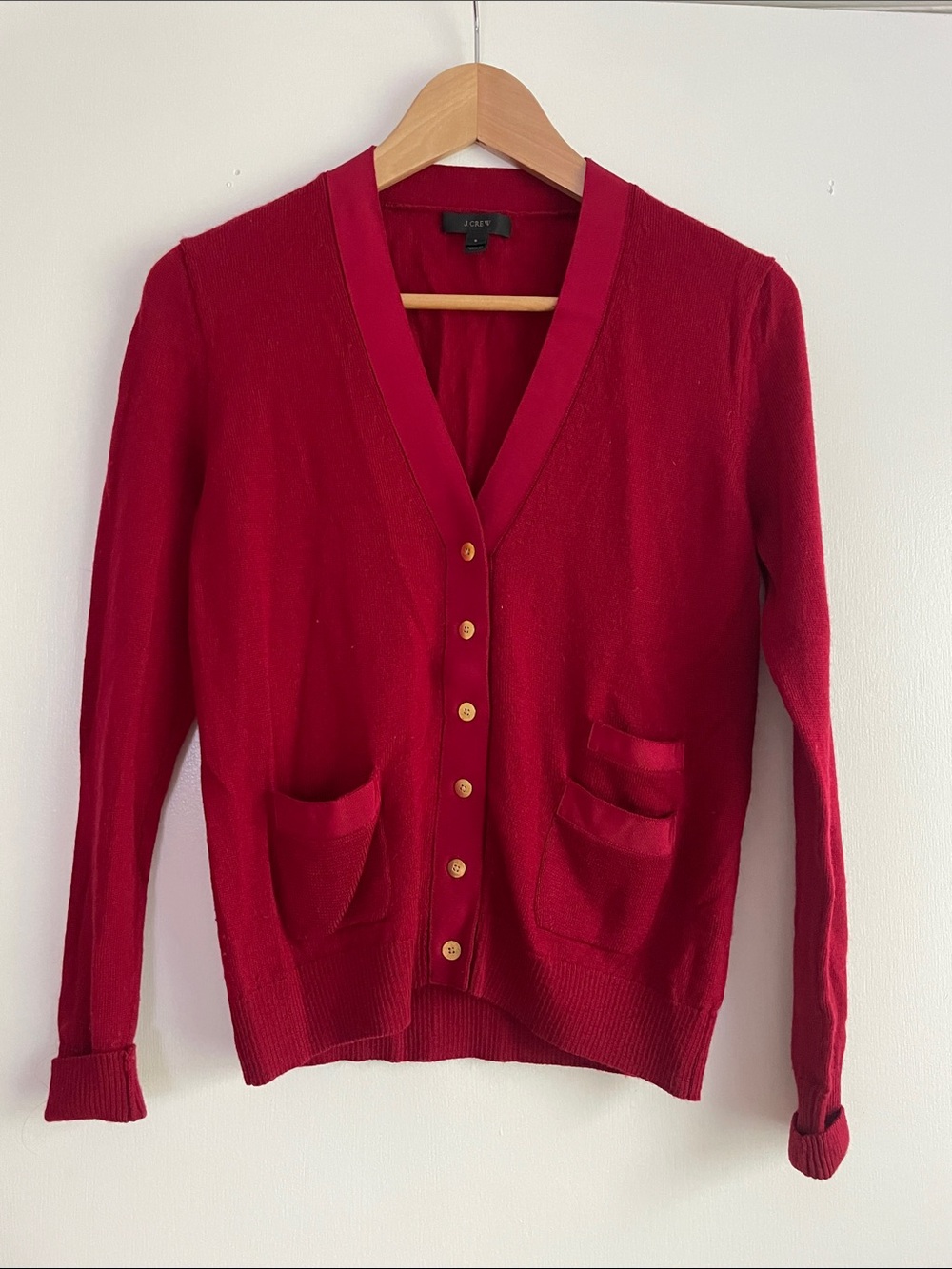 J. Crew Red Wool V-Neck Button Cardigan with Patch Pockets